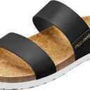 PIZZ ANNU Women's Slide Sandals Open Toe Two Strap Flat Sandals With Comfort Cork Footbed Slip-On Casual Summer Shoes, Black 10