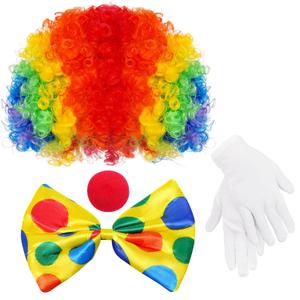 jiebor Clown Costume Set Clown Rainbow Wig Nose Bow Tie White Gloves Accessories for Parties Carnivals Pretend Play Women Men Adults