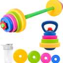 3-in-1 Kids Fitness Set with Adjustable Barbell, Kettlebell & Reusable Water Bottle Kids Gym Equipment for Pretend Play Exercise, Fun Fitness Toys for Boys & Girls Home Workout