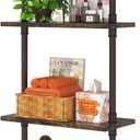 Helsin 2 Tier Industrial Pipe Floating Bathroom Shelves, 16inch Rustic Wood Wall Mounted Shelf, Storage Rack Sundries Holder for Kitchen Office Bathroom Organization & Home Décor