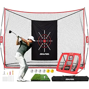 Golf Net, 10x7ft Practice Net with Chipping Net, Foldable Mat, Silk Target, 8 Tees, 6 Balls, Carry Bag, Golf Hiting Nets for Backyard Driving Chipping Indoor Outdoor Use