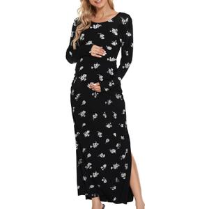 Smallshow Women's Split Maternity Dress Long Sleeve Ruched Pregnancy Clothes (Medium)