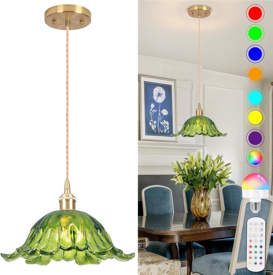Battery Operated Pendant Light,Green Chandelier 2500mAh RGB Light Bulb 11in Vintage Light Fixtures with Remote Control Wireless Adjustable Rechargeable Chandelier for Kitchen Island Hallway 1Light