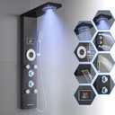 ROVOGO No Battery Needed Shower Panel System with Led Lights, MIST & RAIN Shower, 5 Body Jets, Handheld, Tub Spout and Temperature Display, Water Powered Led Shower Tower Column Stainless Steel, Black