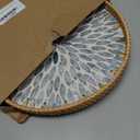 Round Rattan Tray with Mother of Pearl Inlay, Decorative Wicker Serving Tray with Wooden Base, Woven Basket Trays for Bread Fruits Coffee, Light Blue