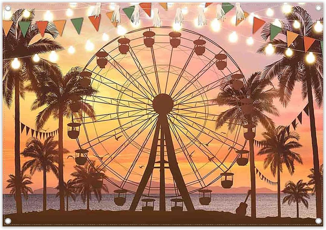 ZTHMOE Fabric 7x5ft Summer Seaside Ferris Wheel Photography Backdrop Sunset Palm Tree Beach Hawaiian Background Indoor Festival Party Decoration Holiday Photo Banner Booth