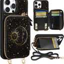 Shorogyt Leather Wallet Case Crossbody | RFID Blocking, Card Holder Slots, Designer, Sun Moon, Handbag, Purse, Phone Cases, with Lanyard