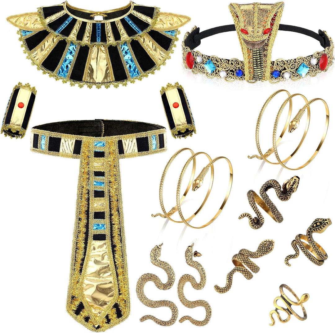Skicuff 11 Pcs Egyptian Costume Set Egyptian Headband Collar Belt Wristbands Snake Jewelry Set Armbands Earrings Rings for Adult Halloween Cosplay Accessories