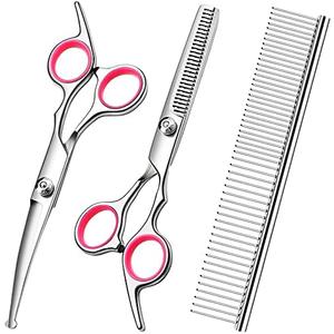 FAIGEO Dog Grooming Kit with Safety Round Tips Stainless Steel Professional Dog Shears Set - Thinning, Curved Scissors and Comb for Cat Pet