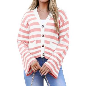 Saodimallsu Womens Striped Cardigan Sweaters Cropped Fall Button Open Front Long Sleeve Knit Sweater Coat with Pockets L