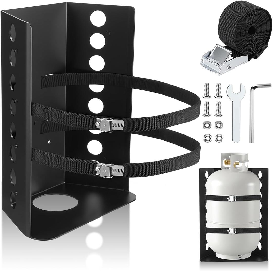 Hicarer Aluminum Propane Tank Mounting Bracket for 30 and 40 Ibs Bottle Aluminum Propane Tank Holder with Locking Strap and Protective Padding for BBQ Campervan Truck RV Trailer Overland Vehicle Boat