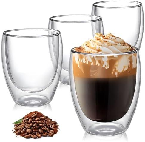 TECOHORS 8 Ounces Set of 4 Double Walled Glass Coffee Mugs Insulated Layer Coffee Cups Borosilicate Glass Espresso Double Insulated Clear Glass Coffee Mug for Hot Beverages