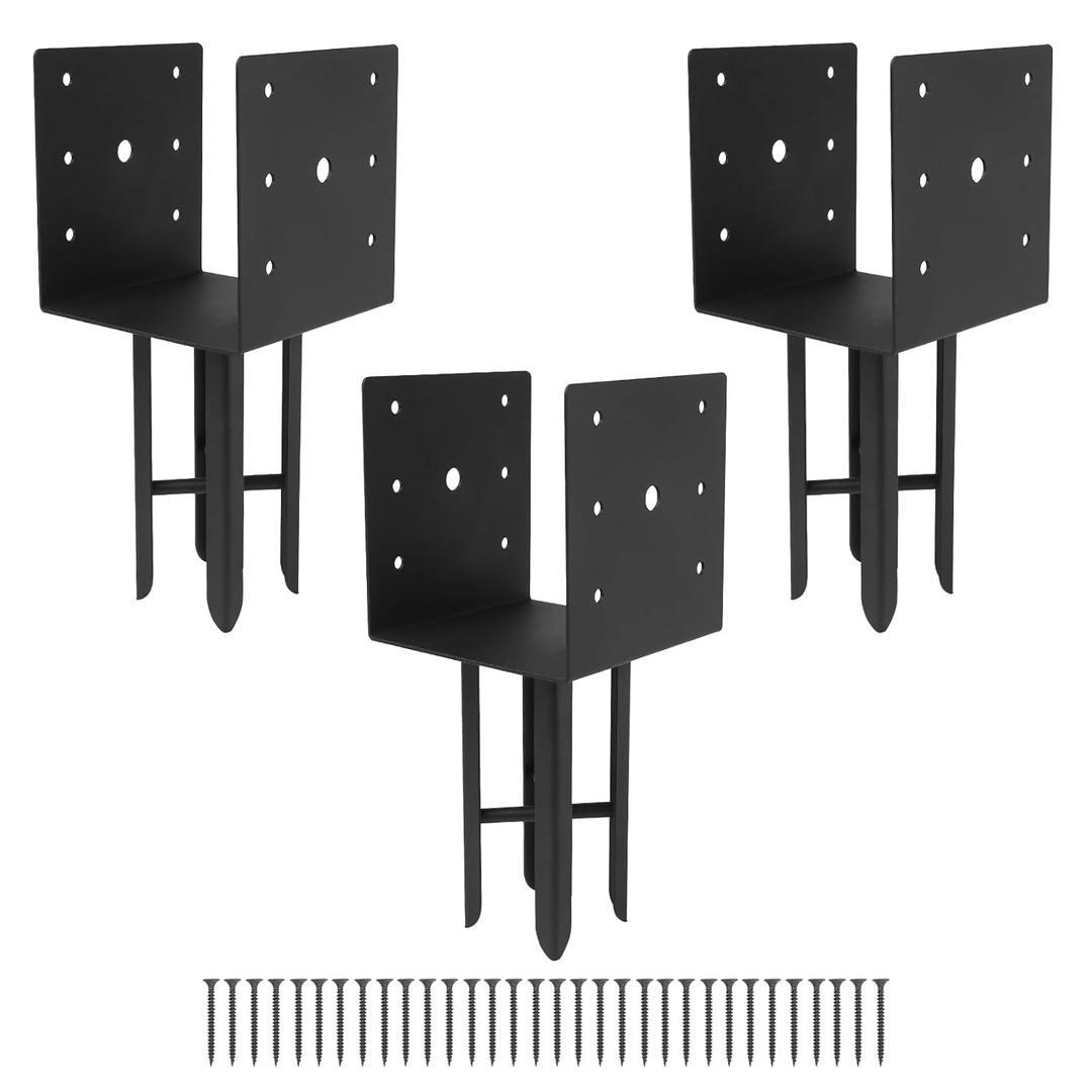 6" x 6" Wet Concrete Fence Post Anchor 3 Pcs (Inner Dia 5.6"x5.6") Heavy Duty U Shape Fence Post Holder Ground Spike Metal Black Powder Coated for Fence, Railing, Pergola Wood Post Bracket Anchor