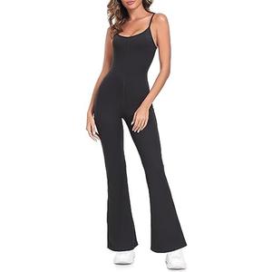 GymNatural Women's Sleeveless Jumpsuits Adjustable Spaghetti Flare Long Pant Romper Athletic One Piece Outfits, Black, Medium