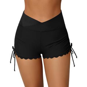 ATTRACO Women Swim Shorts High Waisted Swimsuit Shorts Swim Bottom Board Shorts (Large, Black(crossover Waist))