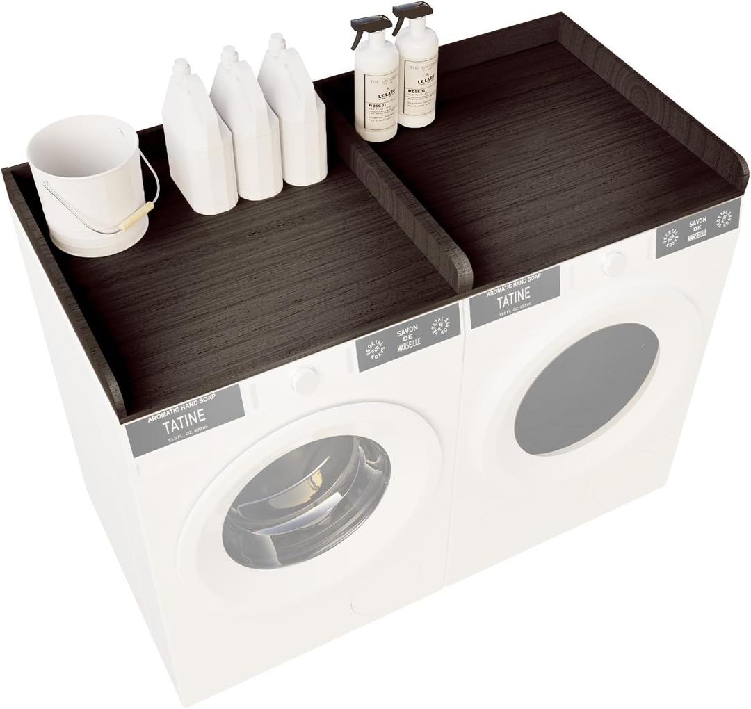 Washer Dryer Countertop with Shelf, 54" x 27" Wooden Laundry Countertop with 2 Hooks & Non-Slip Pads, Washer and Dryer Covers for The Top (Black)