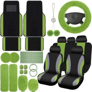 ROCEEI 47 Pcs Car Seat Cover Full Set Car Accessories for Front Rear Seat Fluffy Steering Wheel Cover Belt Automotive Floor Mats Air Conditioner Decoration Strip(Green)