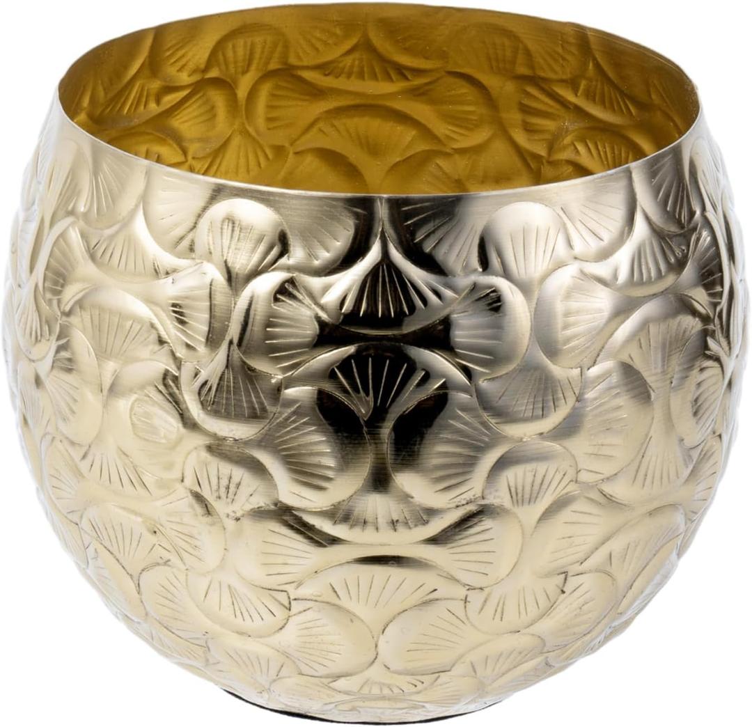 MyGift 5.5 inch Vintage Style Brass Tone Metal Embossed Ginkgo Leaf Design Planter Pot Bowl for Indoor Plants - Handcrafted in India