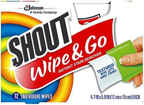 Shout Wipes Stain Remover for Clothes Laundry, Instant Stain Remover and Individually Wrapped, Travel Essentials, Works on Everyday Stains, 6 Wipes per Carton (6 Cartons)