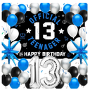 13th Birthday Decoration Set for Boys Girls, Official Teenager 13 Birthday Party Banner Backdrop, Large 13 Foil Balloons, Explosion Star Balloons, 13th Birthday Photo Props Decor, Blue Silver