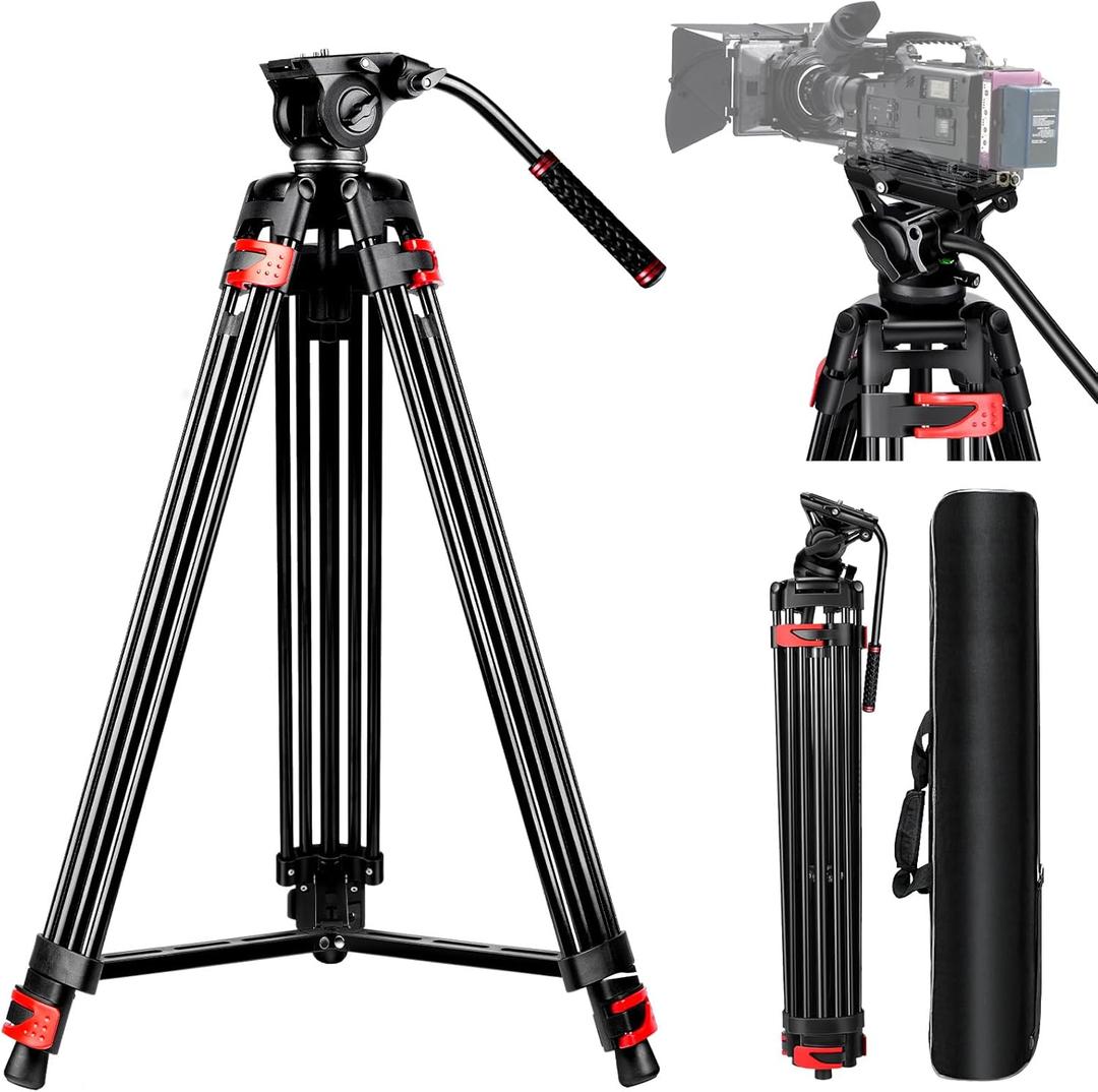 82" /210cm Professional Video Tripod, Heavy Duty Aluminum Alloy Camera Tripod Stand with 360 Fluid Drag Head, QR Plate Compatible with Canon Nikon Sony DSLR Camera Camcorder (Load 33Lb) (Black)