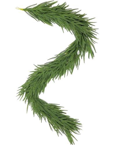 YUGALI 6ft Christmas Norfolk Pine Garland for Mantle with Lights Realistic Real Touch Holiday Decorations Fireplace Stairs Railing Door Frame Indoor Outdoor Décor Lighted Full Flocked Winter Greenery