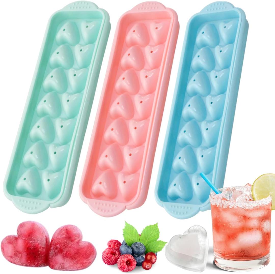 Ice Cube Trays Pack of 3, Stackable Heart Ice Cube Tray Set with Lid, Ice Cube Tray Making 42PCS Heart Shaped Chilling Cocktail Whiskey Tea Coffee, Easy to Release Ice Trays for Freezer