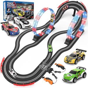 Slot Car Race Track Sets with 4 Slot Cars, 2 in 1 Electric Race Car Track Include Slope Circular Overpass Track, Dual Racing Game Featuring Flash Tracks, Gifts Toys for Boys Kids Age 6 7 8-12