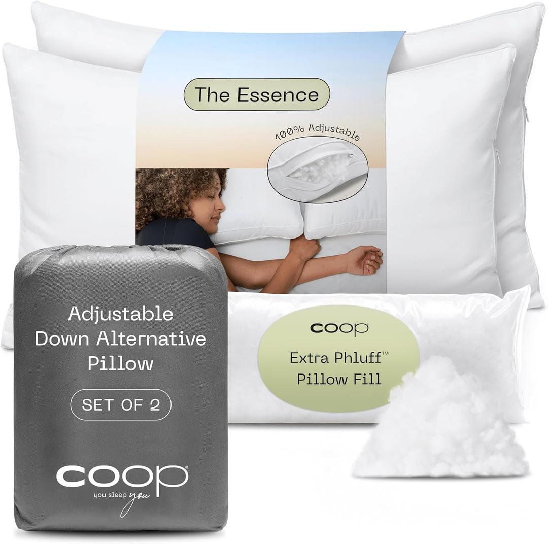 Coop Home Goods Essence Down Alternative Pillow Set of 2, Queen Size, Best Pillows for Sleeping, Adjustable Alternative to Down Pillows, Luxury Hotel Pillow for Back, Stomach or Side Sleepers