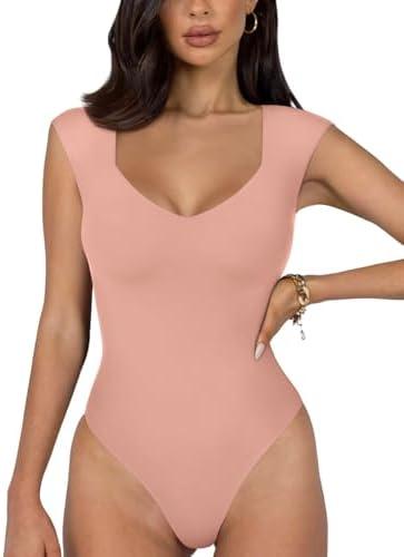 REORIA Butsmooth® Women's Trendy Sexy Casual V Neck Double Lined Sleeveless Slimming Going Out Tank Top Bodysuits, size Medium