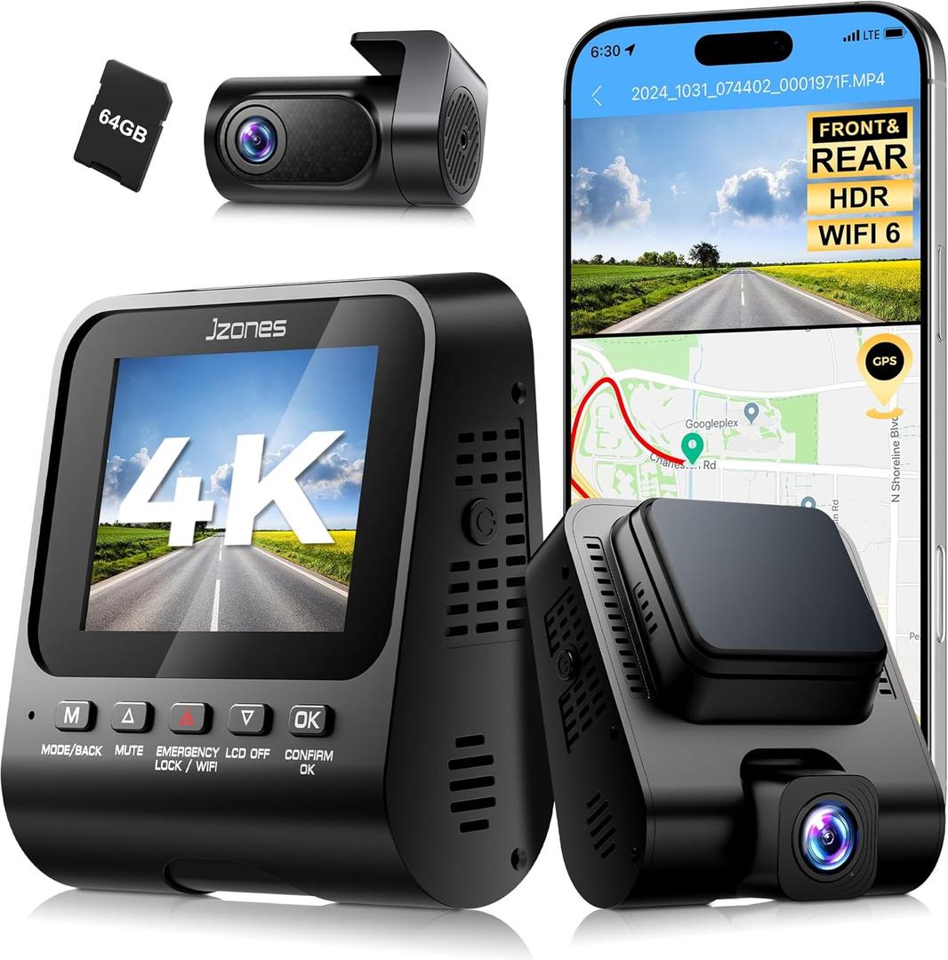 4K Dash Cam Front and Rear, Dash Camera for Cars 2 Channel HDR, WiFi 6, Free 64GB Included, Built-in GPS, Night Vision, 170Wide Angle, G-Sensor, 24H Parking Monitor, Car Camera Support 512GB Max