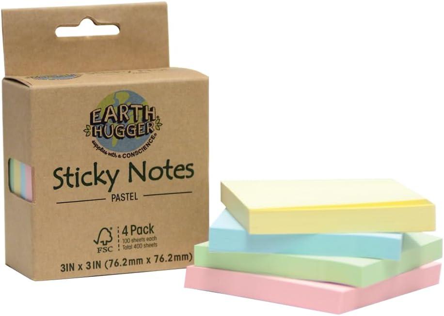 Earth Hugger Sticky Notes 3"x 3", 4 Pack, Pastel Assorted 400/sheets