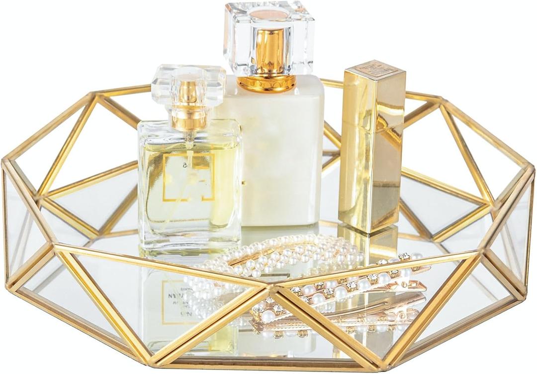 Feyarl Gold Glass Perfume Tray Mirror Vanity Jewelry Trinket Organizer Tray Ornate Cosmetic Makeup Display Decorative Coffee Table Tray for Wedding Home Decor Dresser Tabletop Countertop (9.5inch)