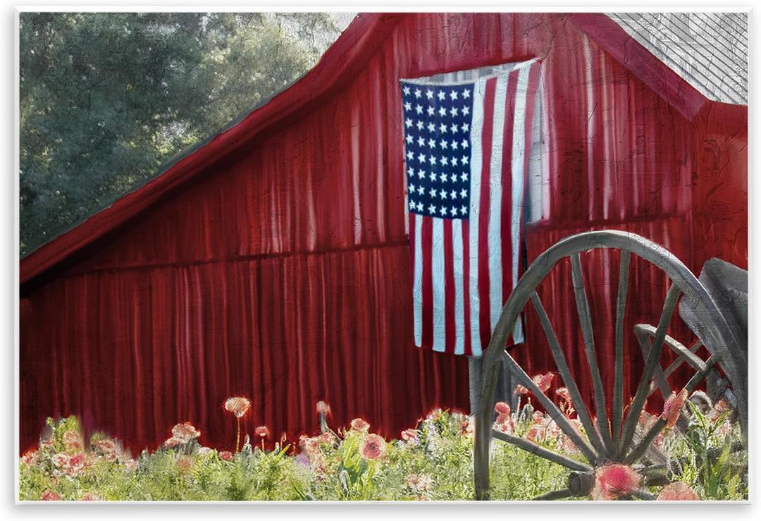 Red Barn American Flag, 13 x 19 Inch Mounted Print on Wall Plaque | Stupell Industries · By Kim Allen · Ready to hang · Rustic country charm for any room · Made in USA