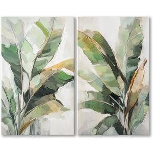 Botanical Wall Art Set Hand Painted, for Living Room plant wall art,Green Tropical Plant Leaf Wall Decor, Modern Banana Leaf Wall Painting, for Bedroom, Dining Room, Office - 12x20 Inch 2pack, 20W"12H"2Pcs
