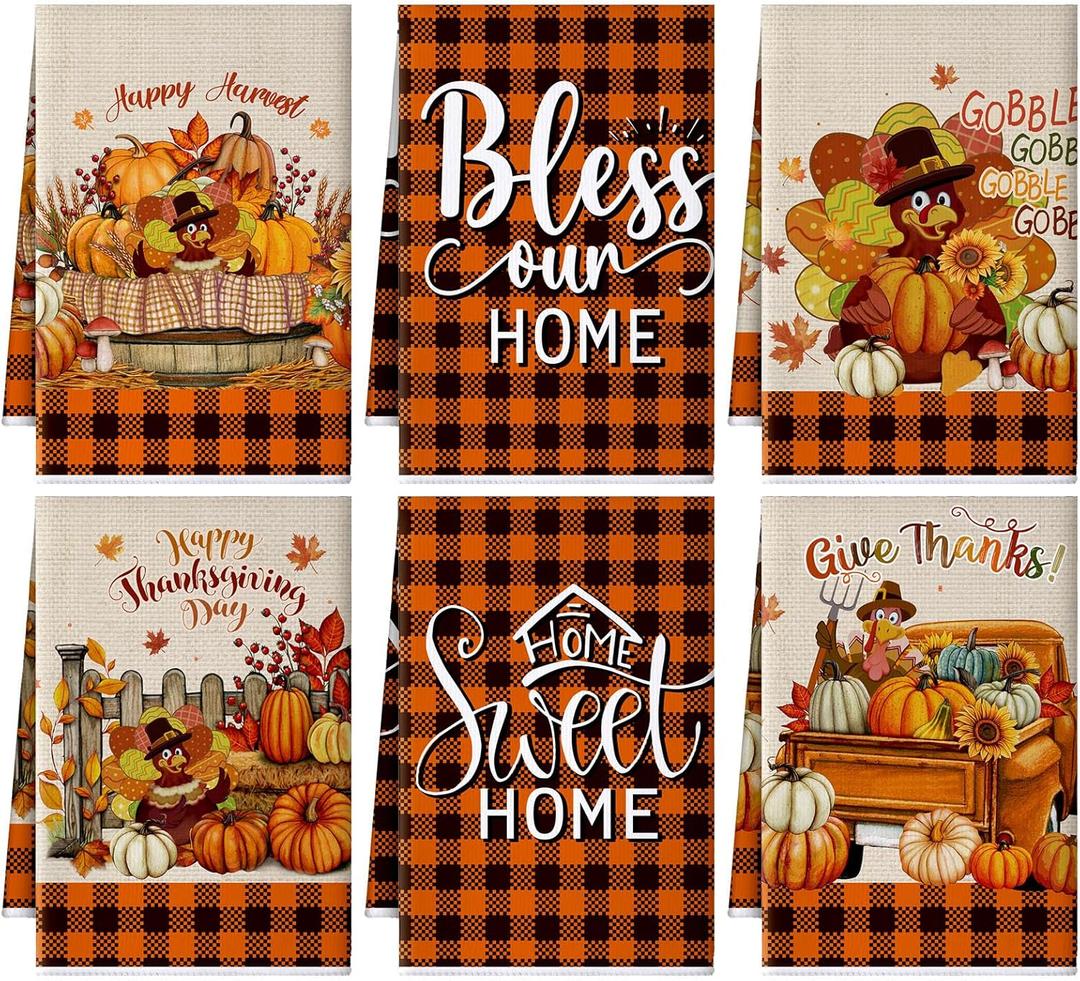 Preboun 6 Pack Thanksgiving Kitchen Towels Autumn Hand Towels Fall Flower Bathroom Dish Cloths Buffalo Plaid Bowknot Sunflower Pumpkin Absorbent 16 x 24 Inch(Turkey,Orange)