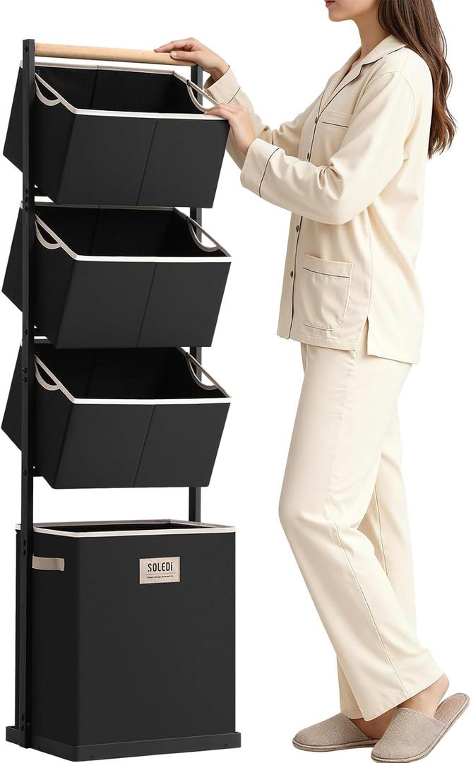 SOLEDI 4 Section Laundry Hamper Sorter, Stackable Laundry Basket Organizer with Removable Basket, 125L 4-Tier Vertical Laundry Sorter for Small Space, Laundry Room, Dorm, Bathroom, Wardrobe Black