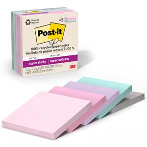 Post-it 100% Recycled Paper Super Sticky Notes, 2X The Sticking Power, 3x3 in, 5 Pads, 70 Sheets/Pad, Wanderlust Pastels Collection (654R-5SSNRP) (Orchid Frost, Fresh Mint, Washed Denim, Pebble Gray, Pink Salt)