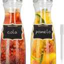 Glass Carafe with Lids, 40 oz, Set of 2-1 Liter Mimosa Bar Water Pitcher, Beverage Dispensers, Wide Mouth, Perfect for Juice, Cold Drink, Milk, Iced Tea, Lemonade - 2 Wooden Chalkboard Tags (Clear)