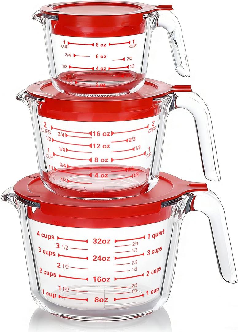 M MCIRCO 6 Pcs Glass Measuring Cups with Lids Set, 1-Cup, 2-Cup, 4-Cup Measuring Jugs with Handle, Nesting Liquid Measuring Cups for Kitchen