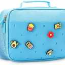 Kids Insulated Lunch Bag with 10 Charms Customizable Lunch Box Reusable Lunch Tote for Boys Girls School Picnic Travel (Blue)