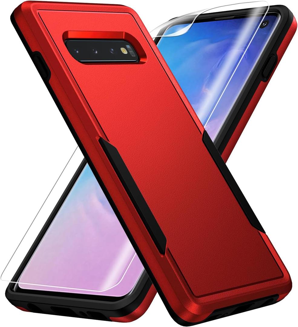 for Samsung Galaxy S10 Case,with HD Screen Protector [Military Grade Drop Tested] Heavy-Duty Tough Rugged Shockproof Protective Case for Samsung S10, Red