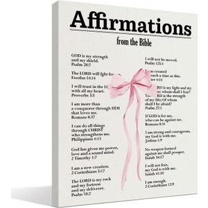 DSHFG Coquette Pink Bow Christian Canvas Wall Art Decor, Bow Bathroom Bedroom Decor for Teen Girls Room College Dorm, Bible Verse Wall Hanging Prints Framed, 14x11 Inch