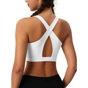 MAGCOMSEN Women's Sports Bras Cross Back Wireless Padded Bra Wide Strap Low Impact Moisture-Wicking for Workout Gym Yoga (White)