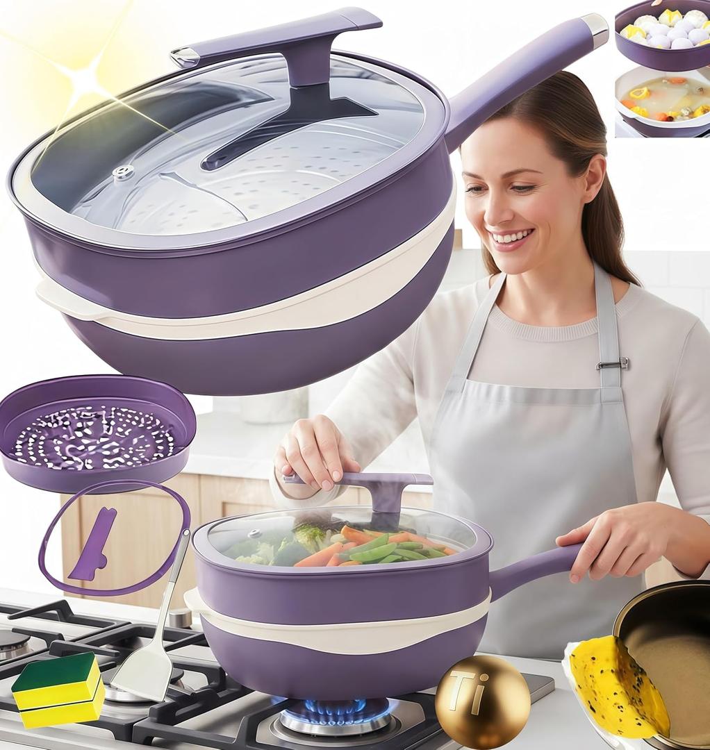 12 Inch Titanium Alloy Nonstick Frying Pan with Lid & Steamer Basket 2026 Titanium Pot Titanium Frying Pans Nonstick Titanium Pots and Pans, Nonstick Frying Pan Cookware Sets