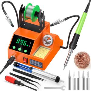 Soldering Station, 100W Digital Display Soldering Iron Station Kit with 2 Helping Hands, 356F - 896F, Auto Sleep, C/F Conversion, Solder Wire, Tips, Stand, Pump, Tweezers, Tip Cleaner, Orange
