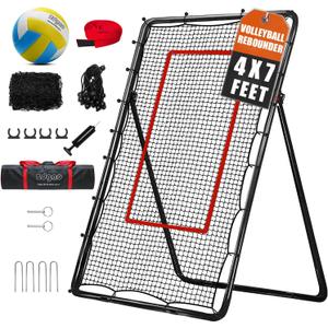 Volleyball Rebounder Net with Volleyball, Bungee Cords,Carry Bag and Neon Target, 5 Adjustable Angles Bounce Back Net for Volley Ball,Baseball,Improve Skills (4x7ft)