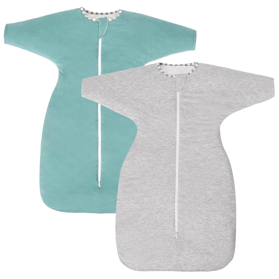 PuppyPaws Baby Sleep Sack 1.5 TOG 2-Pack Set, Transitional Swaddle with Arms Up Length Sleeves and Mitten Cuffs, Sleep Sack 6-9 Months, 95% Rayon derived from Bamboo, 5% Spandex (Green&grey)