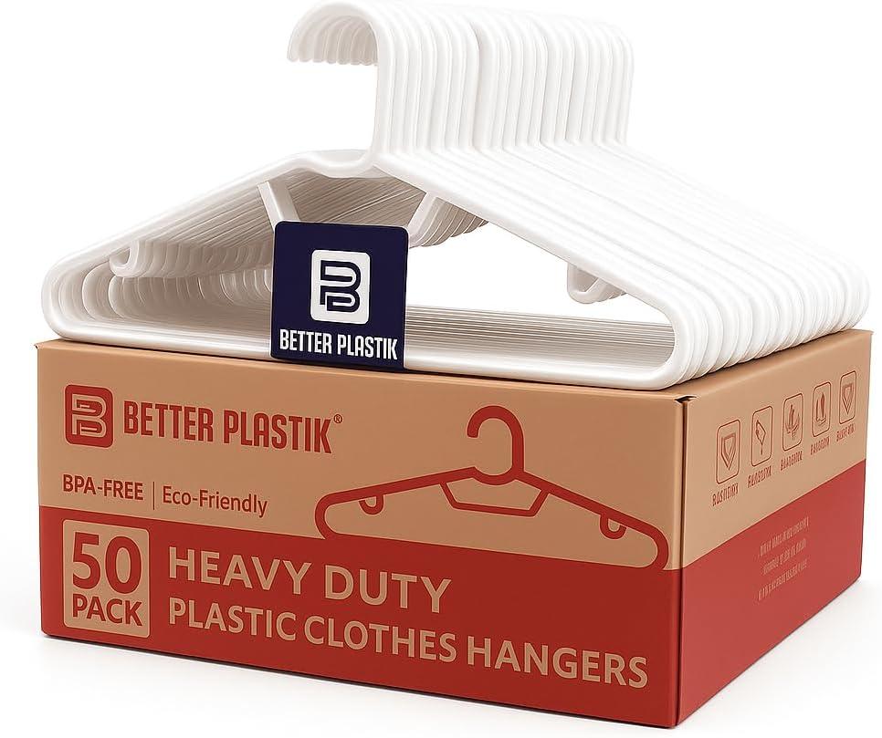 Heavy Duty Plastic Clothes Hangers  50 PCS | Space-Saving, Ideal for Daily Use Design for Shirts, Coats, Dresses, Pants, & Skirts | Durable & Lightweight