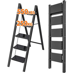JOISCOPE 5 Step Aluminum Ladder,Lightweight Folding Step Stools for Adults with Wide Anti-Slip Pedal,550 lbs Capacity Portable Sturdy Ladder,Multi Use Ladder for Home Kitchen Office,Space Saving,Black